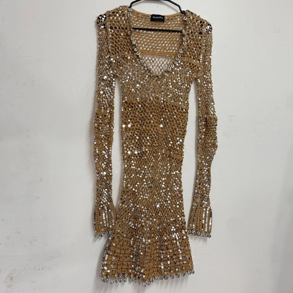 Retrofête Sequin Crochet Shell Embellished Dress Crochet Beach Dress bikinicover - Picture 2 of 9